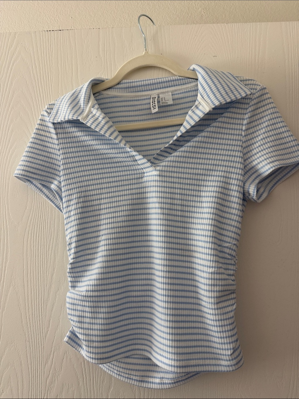 H&M Light Blue and White Striped Polo-Style Short Sleeve Tee
